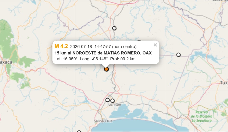 Sismo de 4.2 en Matías Romero, Oaxaca este 18 de julio. (Servicio Sismológico Nacional)