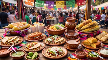 Mesa de madera con elotes, esquites, pozole, tacos y pan servidos en platos de barro, con papel picado al fondo.