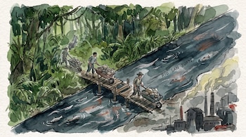 Ilustración acuarela de hombres con carretillas cargadas en un puente sobre el Río San Juan, con selva a un lado y una fábrica humeante al otro, peces en el agua.
