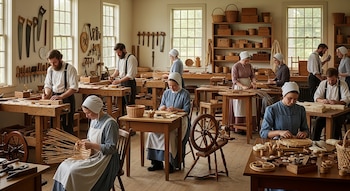 Un grupo de hombres y mujeres Shaker trabaja en un taller de carpintería y artesanía, elaborando cestas, muebles y objetos de madera.