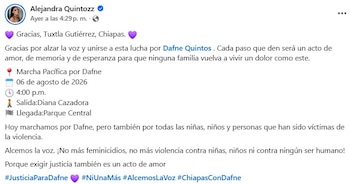 Comunicado de Alejandra Quintos, madred de Dafne.