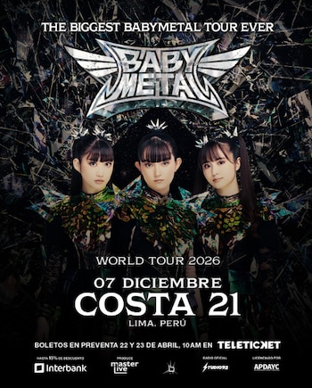 Póster de Babymetal con tres mujeres japonesas vestidas con elaborados trajes oscuros y coronas, contra un fondo fragmentado. Incluye el logo de la banda y datos del tour en Perú