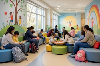 Adultos y niños sentados en sillones de una sala con ventanas, mochilas, mesas pequeñas y paredes decoradas con murales de colores.