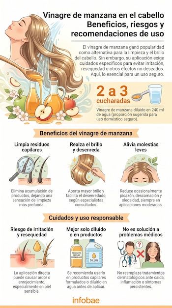 Una mujer se lava el cabello, rodeada de botellas de vinagre de manzana, manzanas y utensilios. Iconos muestran la limpieza, brillo, alivio de molestias, riesgo de irritación y uso responsable.