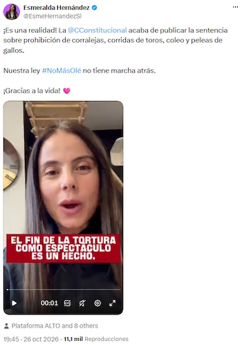 Esmeralda Hernández celebró el fallo que ratificó la Ley No Más Olé en Colombia - crédito @EsmeHernandezSi/X
