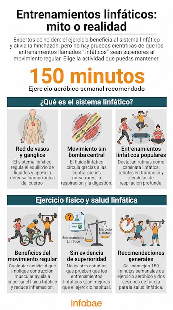Infografía explicativa con texto, íconos de personas haciendo ejercicio, esquemas del cuerpo humano y el logotipo de Infobae.