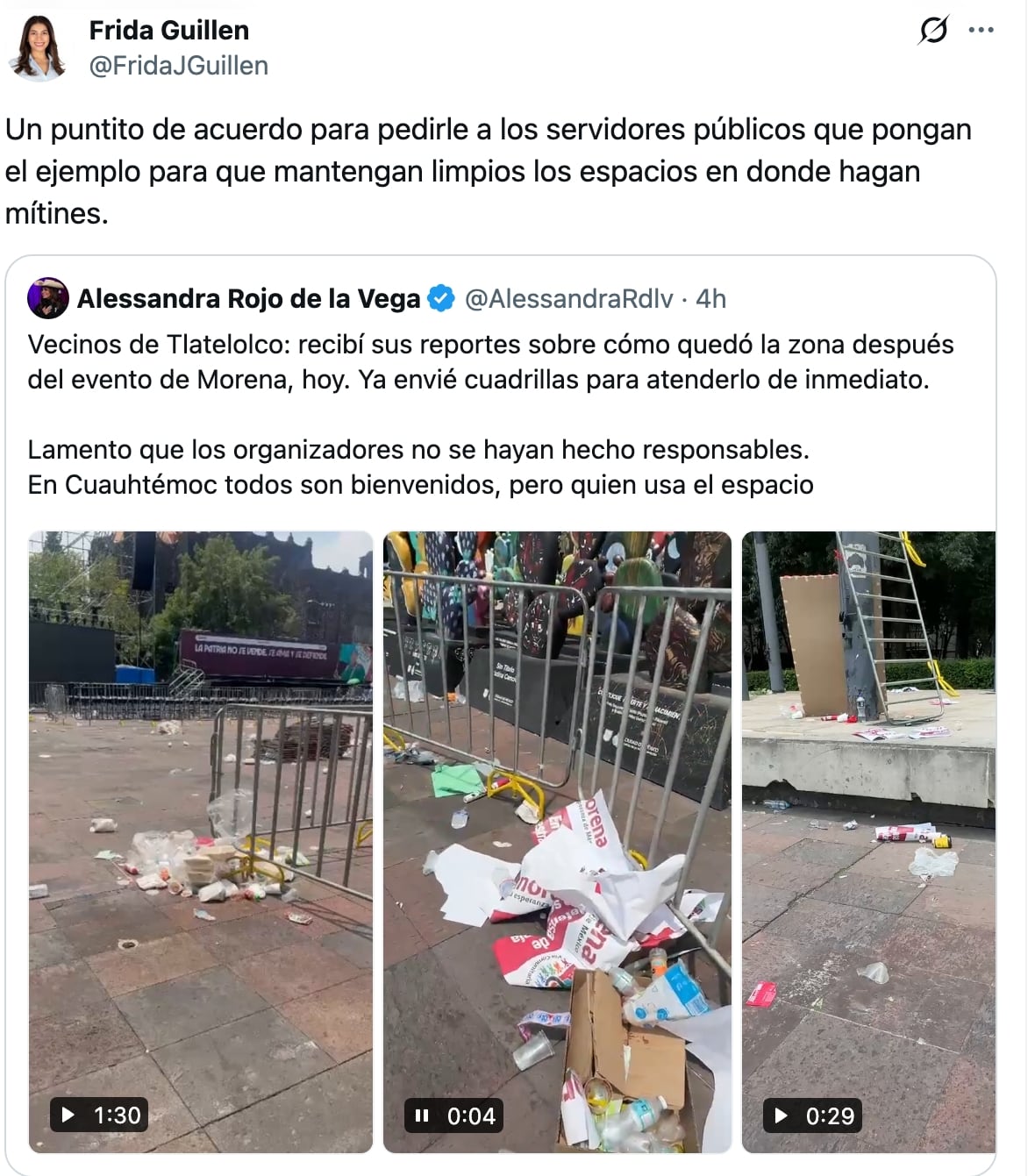 La diputada local pide a los servidores públicos ejemplifica la limpieza de las zonas históricas de la CDMX.
(X / Frida Guillén )