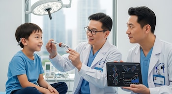Niño asiático sonriente con dispositivo detrás de la oreja derecha mira a dos médicos chinos en batas blancas. Uno sostiene un modelo, el otro una tableta con ADN.