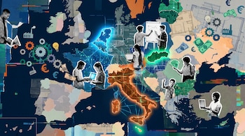 Ilustración de collage digital de un mapa de Europa oscuro con siluetas de adolescentes emprendedores, laptops, dinero y engranajes. Países como Países Bajos, Italia, Malta y Eslovaquia resaltados.