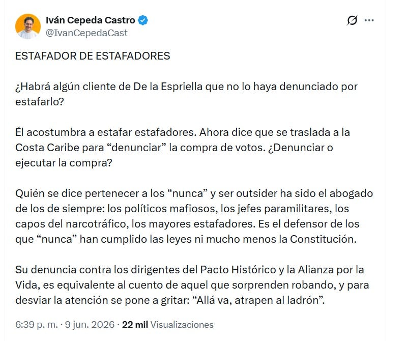Iván Cepeda calificó a Abelardo de la Espriella como “estafador de estafadores” ad portas de las elecciones de segunda vuelta - crédito @IvanCepedaCast/X