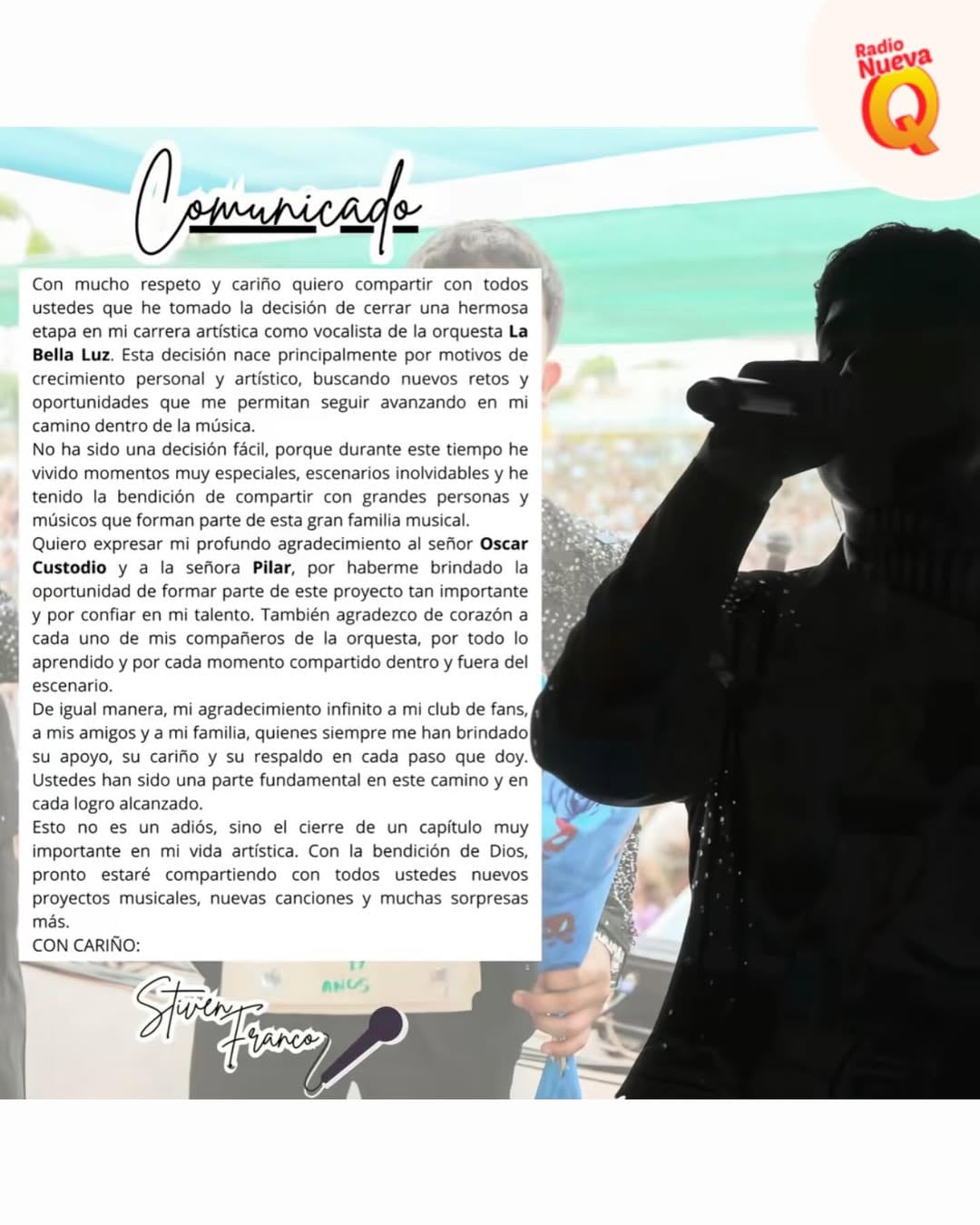 Stiven Franco agradeció a La Bella Luz y a sus seguidores al anunciar su salida de la agrupación. IG