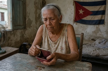 Una anciana sentada junto a una mesa de madera sostiene un monedero abierto con monedas cerca, frente a una pared con una bandera de Cuba.