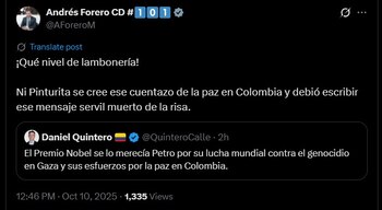Respuesta de Forero a Daniel Quintero sobre el premio Nobel de Paz - crédito captura de pantalla / X