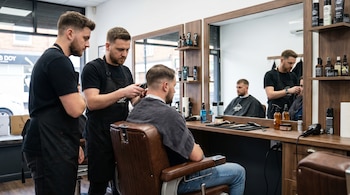 Vista interior de una barbería moderna donde un barbero recorta el cabello de un cliente sentado, con otro barbero de pie y espejos con productos visibles.