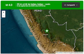 Mapa de Perú con una estrella verde que marca el epicentro de un sismo y una franja verde superior con los datos de magnitud y ubicación