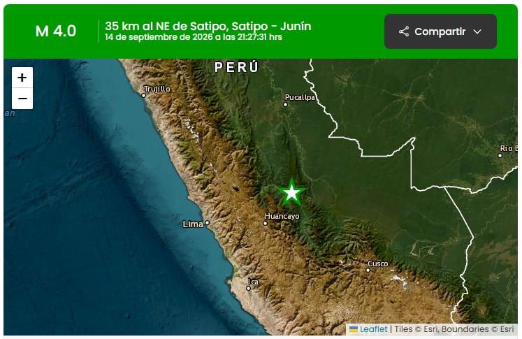 Un mapa del reporte sísmico indica la ubicación del temblor de magnitud 4,0 registrado a 35 kilómetros al noreste de Satipo, en la región de Junín, Perú. (IGP)