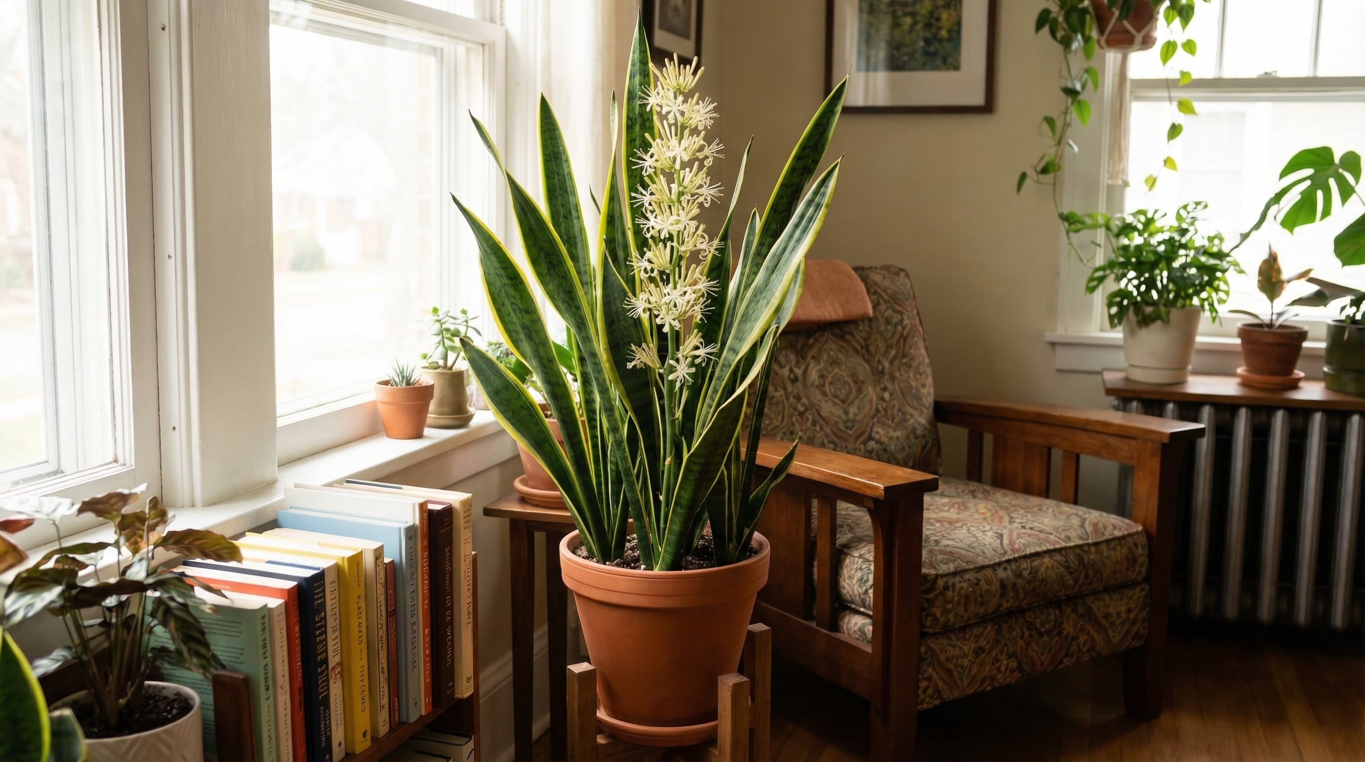 Una lengua de suegra (Sansevieria trifasciata) con sus raras flores blancas se exhibe elegantemente en una maceta de terracota junto a una ventana soleada en un acogedor salón. (Imagen Ilustrativa Infobae)