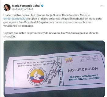A pocos días de los comicios, la senadora María Fernanda Cabal denunció que disidencias de las Farc habrían citado a ciudadanos del Huila para impartir instrucciones de votación de cara al domingo 21 de junio - crédito @MariaFdaCabal/X