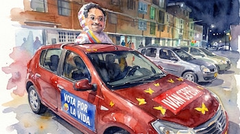 Pintura en acuarela de un coche de campaña presidencial rojo, con un cartel de Iván Cepeda en el techo, un letrero 'Vota por la Vida' y mariposas amarillas.