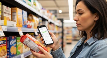 Mujer adulta de cabello oscuro en un pasillo de supermercado, examinando la etiqueta nutricional de un paquete de galletas rojas mientras consulta una app en su smartphone.