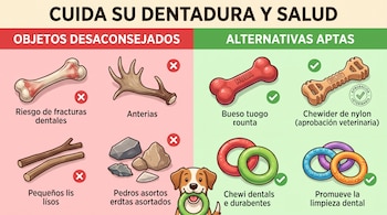 Ilustración comparativa de objetos desaconsejados como huesos y piedras junto a alternativas aptas como aros y mordedores de plástico.