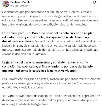 El mensaje del vicerrector de la UBA, Emiliano Yacobitti, en su cuenta de X