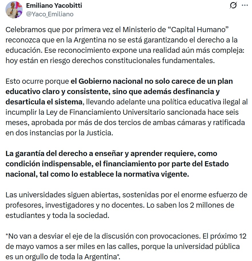 El mensaje del vicerrector de la UBA, Emiliano Yacobitti, en su cuenta de X