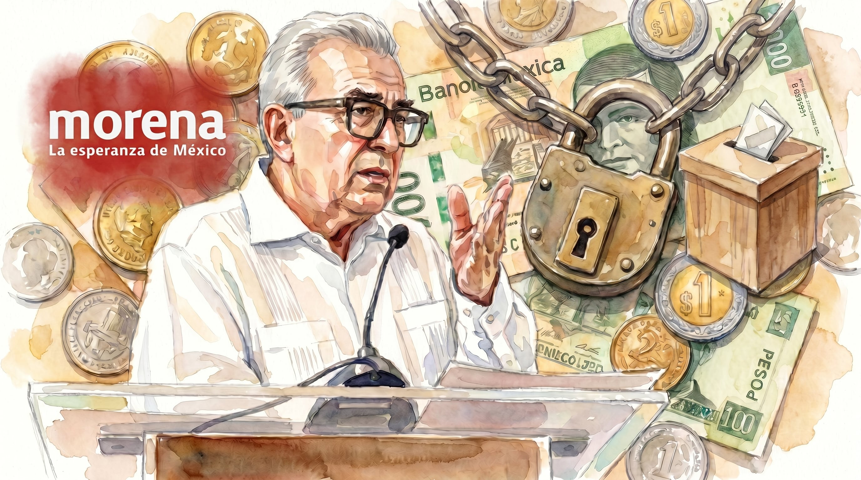 Una ilustración de acuarela muestra a un político de Morena hablando en un podio, rodeado de dinero, un candado y una urna, simbolizando la relación entre el poder político, la economía y el proceso electoral en México. (Imagen Ilustrativa Infobae)