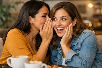 Dos mujeres, una con blusa mostaza, susurra al oído de la otra, con chaqueta vaquera, quien sonríe con asombro. Hay tazas de café sobre la mesa.