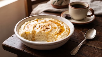 Un tazón blanco con postre cremoso y almíbar, una cuchara de plata al lado y una taza de café al fondo sobre una mesa de madera.