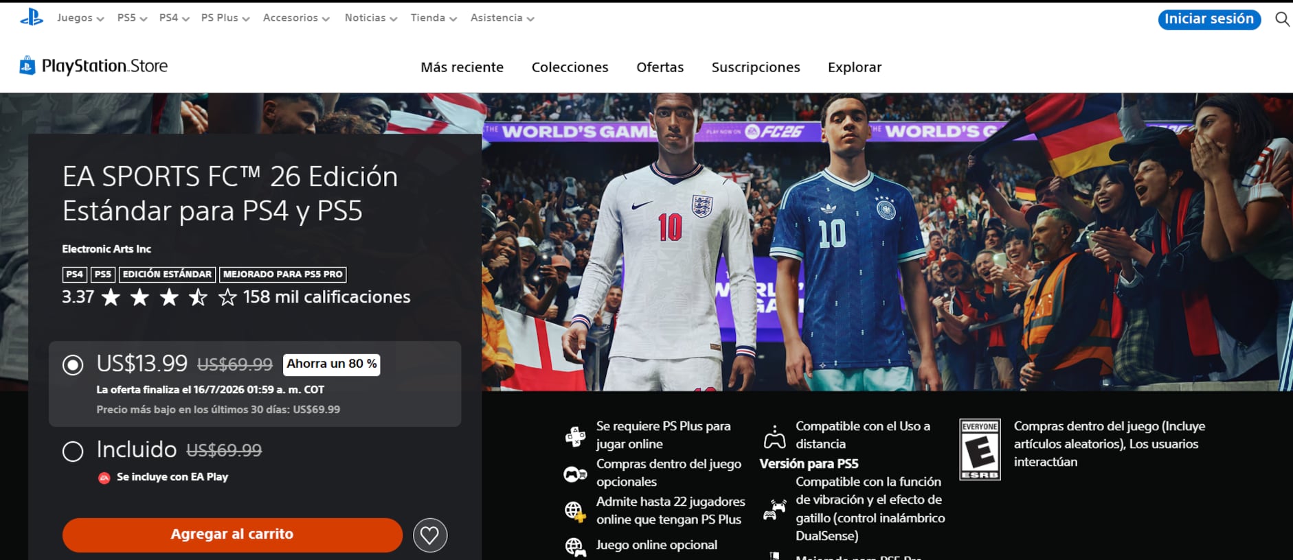 La tienda PlayStation Store presenta la edición Estándar de EA Sports FC 26 para PS4 y PS5 a un precio de US$13.99. (PlayStation)