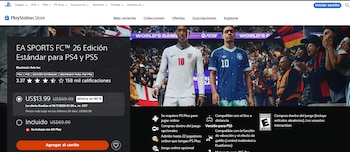 Captura de tela da PlayStation Store. Anúncios EA Sports FC 26 com jogador de futebol digital e público, preço 13,99 USD e 80% de desconto