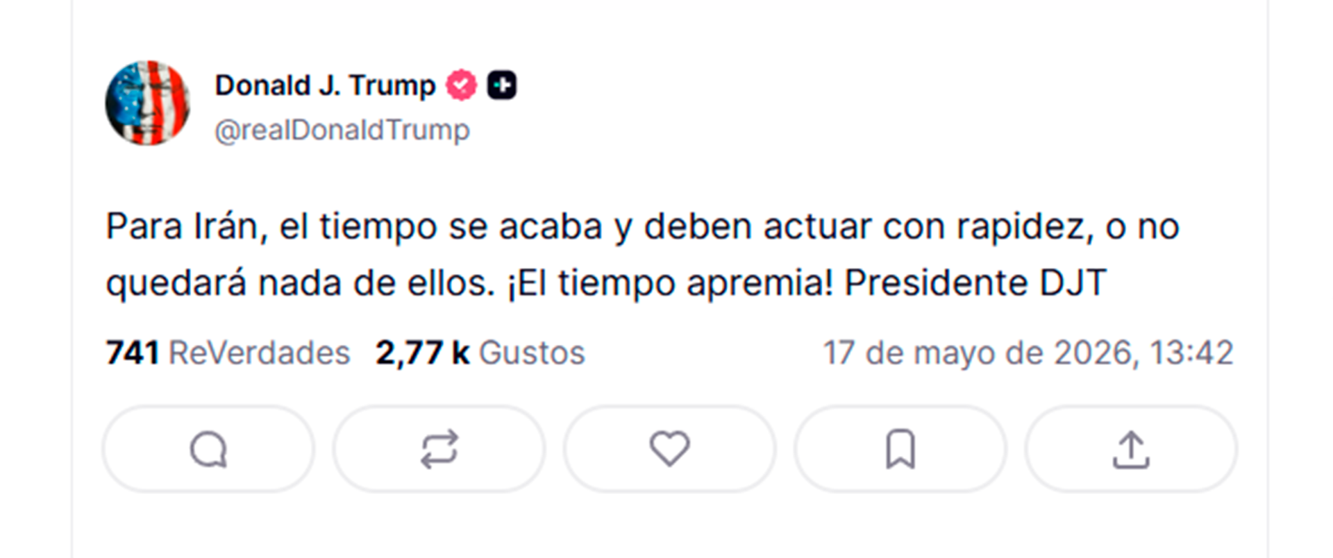 El mensaje publicado por Trump en Truth Social