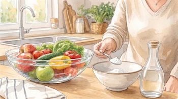 Ilustración en acuarela de una persona que sostiene una cuchara con polvo blanco frente a un recipiente con agua, frutas y verduras.