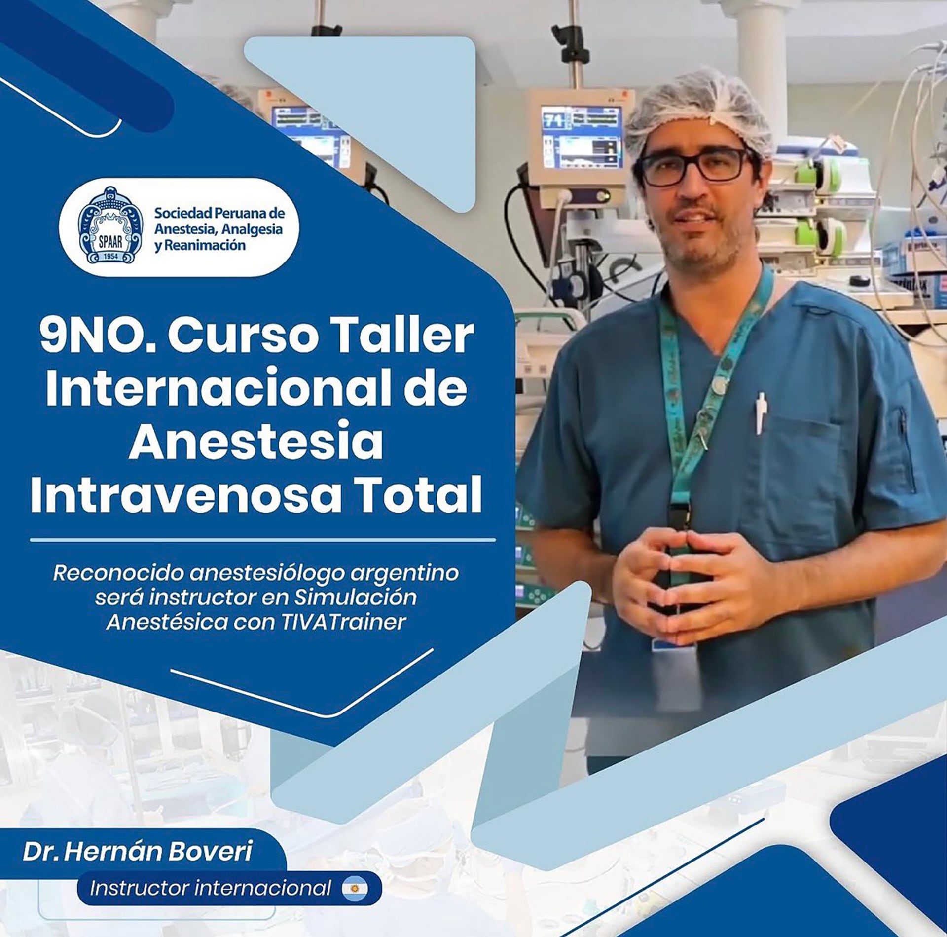 El anestesiólogo Boveri siendo presentado como instructor en un curso internacional de anestesia