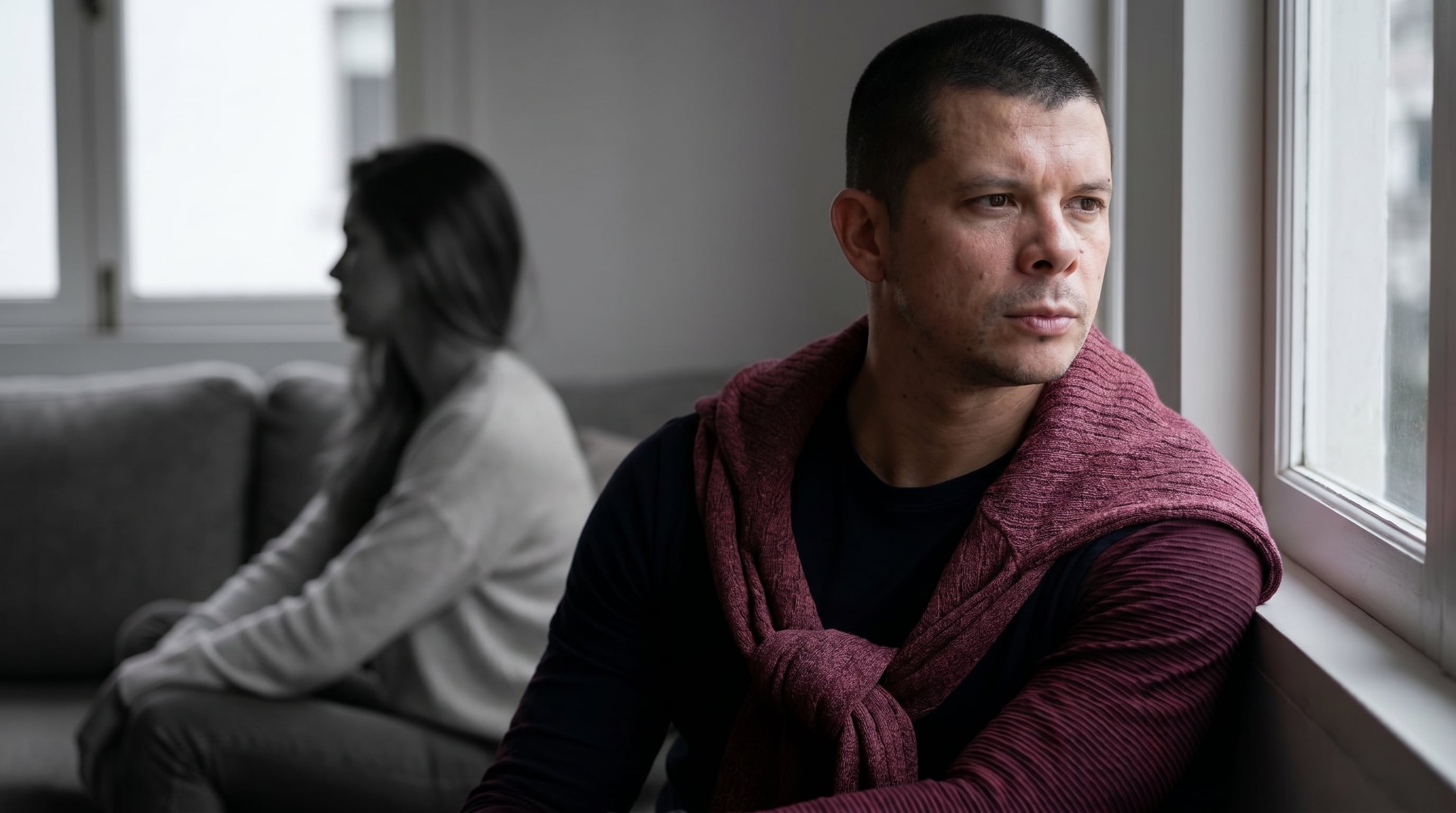 Mario Hart, con expresión pensativa, se asoma por una ventana mientras Korina Rivadeneira se sienta de espaldas en el sofá, simbolizando la distancia en su relación afectada por la rutina. (Imagen Ilustrativa Infobae)