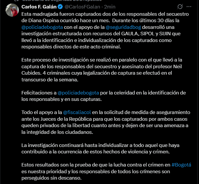 El alcalde Carlos Fernando Galán destacó la rapidez de las autoridades en la identificación y captura de los responsables - crédito Carlos F. Galán/X