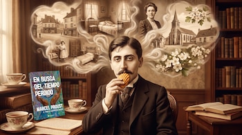 Marcel Proust con bigote y traje come una magdalena, con nubes de recuerdos infantiles que muestran casas, una mujer, un niño, una iglesia y flores.