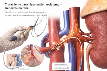 Ilustración 3D de denervación renal; un catéter se inserta por la arteria femoral, asciende a las arterias renales y aplica energía a los nervios.