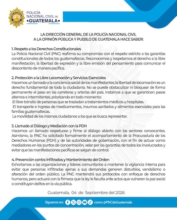 Documento escrito de la Policía Nacional Civil de Guatemala con texto estructurado en cuatro numerales y logotipos institucionales
