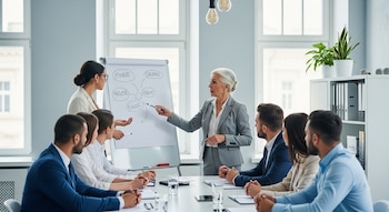 Mujer mayor con cabello canoso señalando una pizarra blanca con diagramas mientras un equipo de seis colegas jóvenes la escucha en una reunión de oficina.