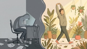 Ilustración dividida. Izquierda: persona encorvada frente a ordenador en escritorio con papeles desordenados. Derecha: persona estirándose entre plantas con luz solar.