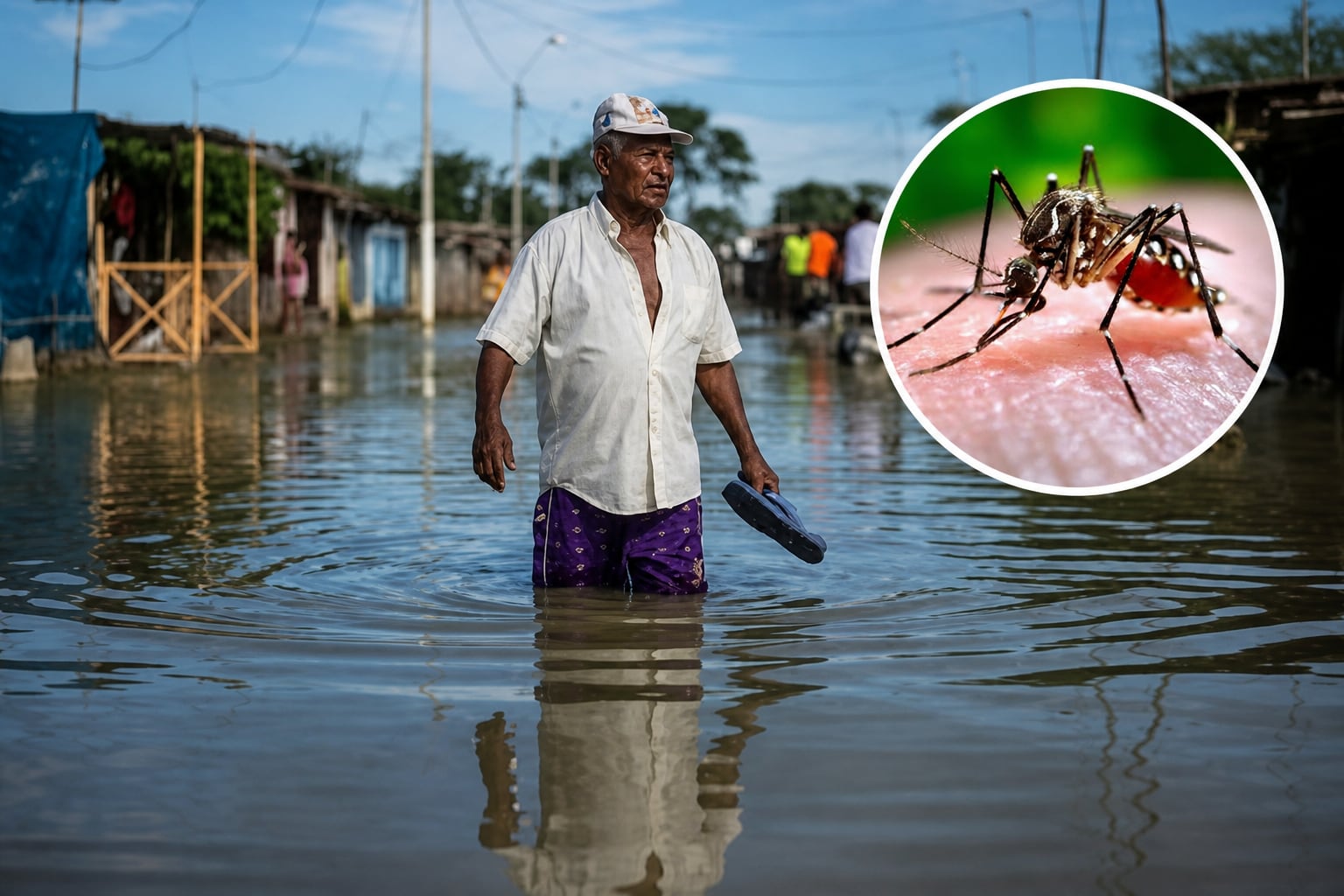 Un hombre transita por una calle anegada por lluvias en un entorno expuesto a la proliferación del zancudo. (Imagen Ilustrativa Infobae)