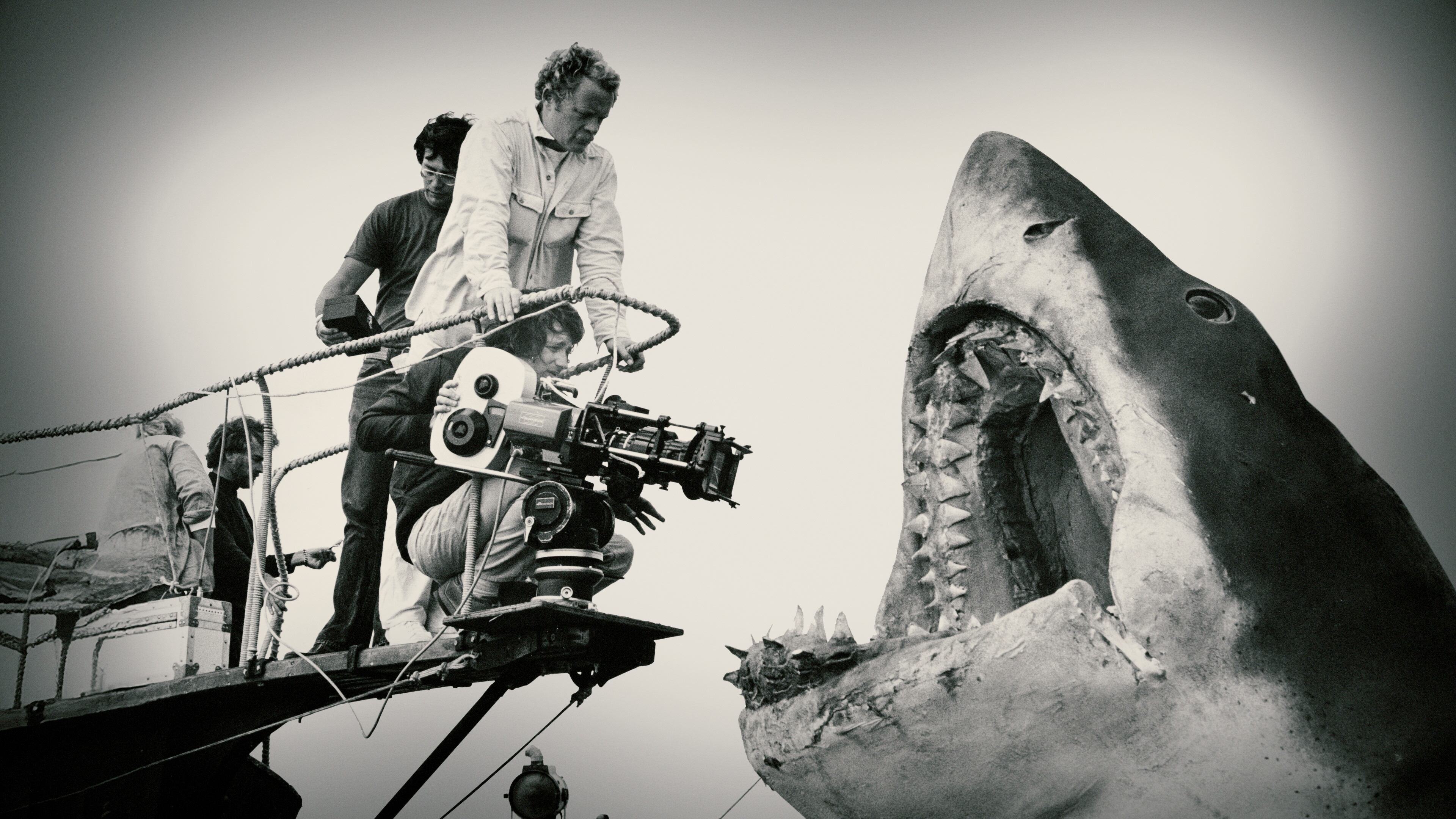 Steven Spielberg, director of Jaws, films the mechanical shark on set. (Courtesy of Universal Studios Licensing LLC)