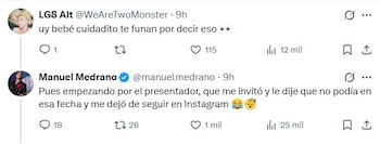 Manuel Medrano afirmó que Juan Pablo Raba lo invitó al pódcast y que dejó de seguirlo en Instagram cuando rechazó esa fecha - crédito @manuelmedrano/X