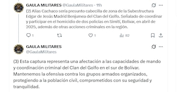 Las autoridades confirmaron avances en contra de la estructura criminal (Gaula Militares/X)