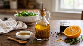 Jarra de vidrio con vinagreta, cuenco blanco, media naranja, frasco con salsa oscura, tomillo y pimienta sobre una mesa de madera.