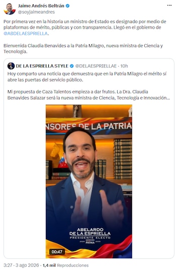 La llegada de Claudia Benavides al ministerio marca un hito, afirmó Jaime Andrés Beltrán - crédito @soyjaimeandres/X