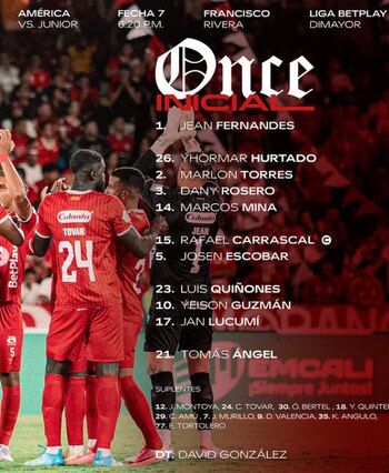 Esta es la nómina titular de América de Cali para enfrentar a Junior de Barranquilla - crédito América