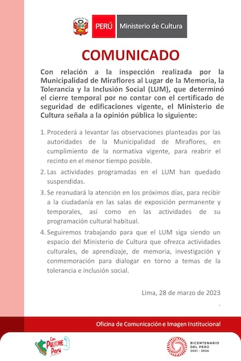 Comunicado del Ministerio de Cultura